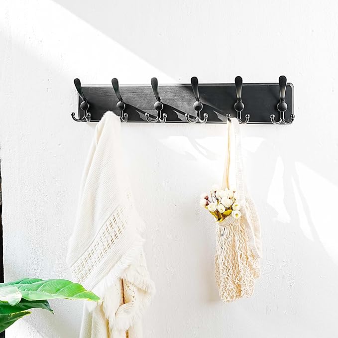 Dseap Coat Rack Wall Mounted - 24" Long 6 Tri Hooks, Heavy Duty Wooden Wall Coat Hanger Coat Hook for Clothes Hat Jacket Clot