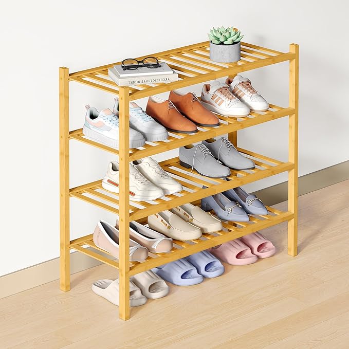 Smiry Bamboo Shoe Rack for Closet, 4 Tier Wooden Stackable Shoe Organizer, Free Standing Shoes Storage Shelf for Entryway, Fr