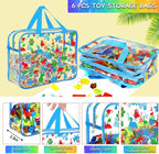 6 Packs Large Toy Storage Bags with Labels, Reusable Clear PVC Storage Bag, Travel Waterproof Organizer Bags (Blue-cute patte