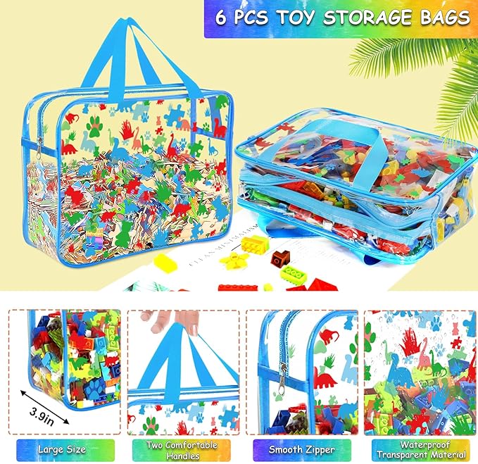 6 Packs Large Toy Storage Bags with Labels, Reusable Clear PVC Storage Bag, Travel Waterproof Organizer Bags (Blue-cute patte
