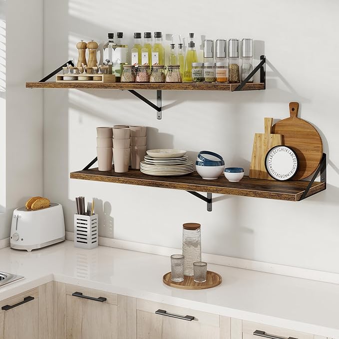 Floating Shelves, 12 Inch Deep Rustic Wood Wall Storage, 48W x 12D Wall Shelves Set of 2, Heavy Duty Metal Brackets, Large In