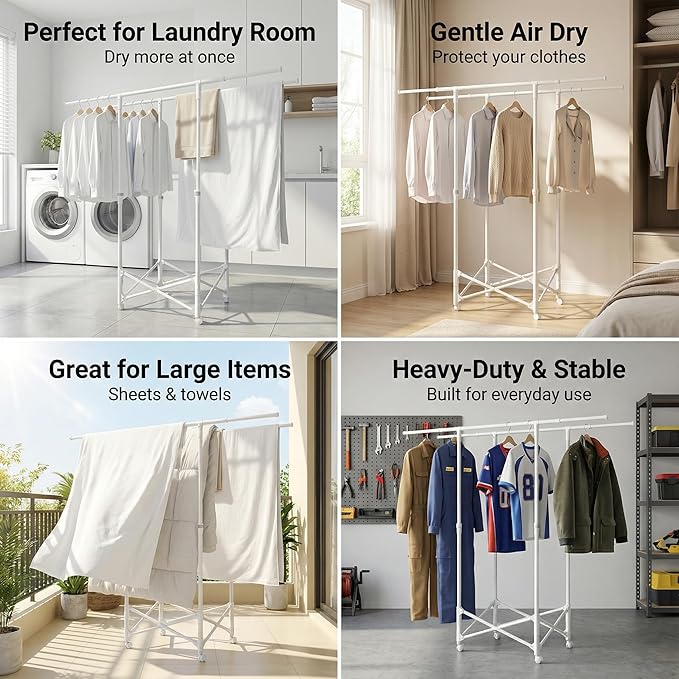 Clothes Drying Rack, Double Rod Extendable 33.1–56.7 Inches, No Assembly & Foldable Clothing Rack for Hanging Clothes with Wh