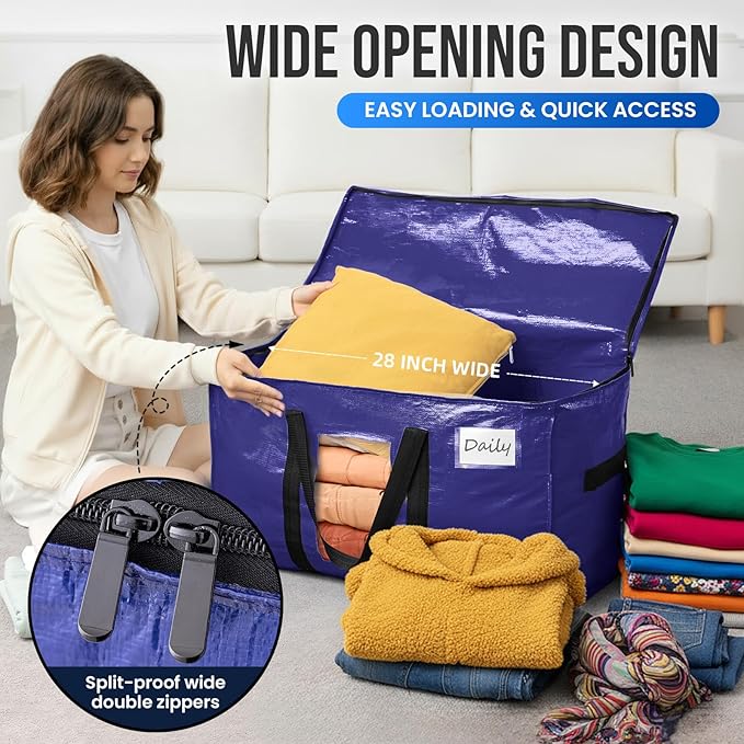 TAILI 10 Pack Dark Blue Extra Large Moving Bags, Heavy Duty Totes with Visible Window, Wrap Around Handles, Great for Space-S