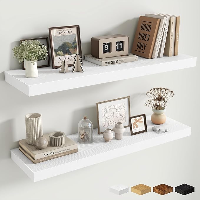 Fun Memories Floating Shelves Set of 2, 36 Inch Long Wooden Wall Shelves, 10 Inch Deep Wall Mounted Storage Shelf with Metal 
