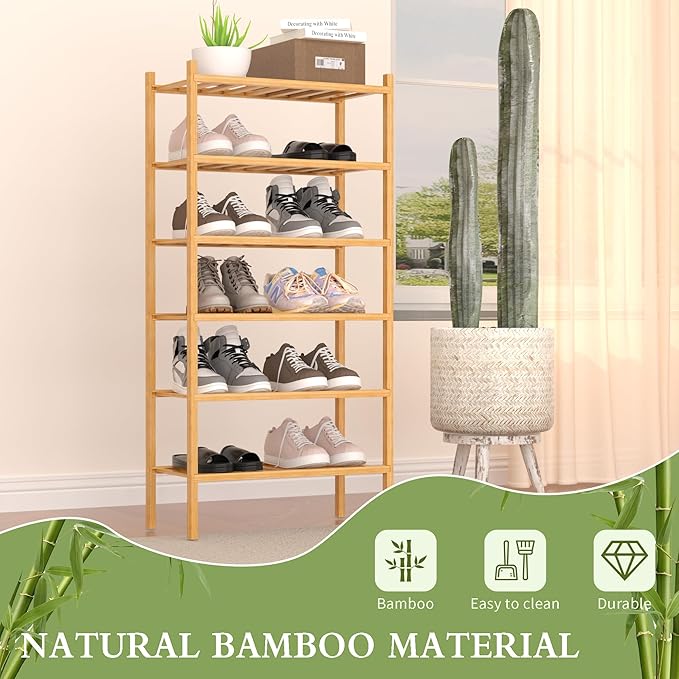 ROMGUAR CRAFT 6-Tier Bamboo Small Shoe Rack, Free Standing Wood Shoe Shelf Storage Organizer for Closet Entryway Stackable (N