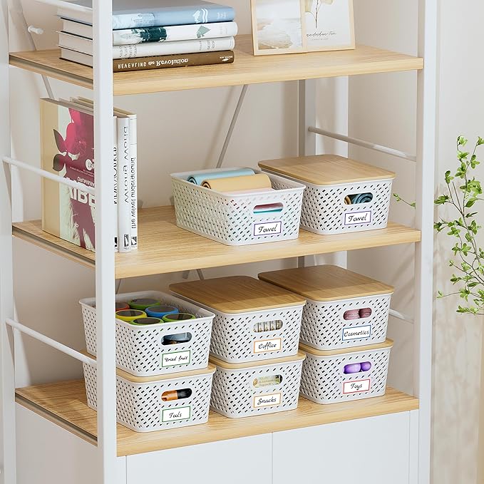 Anysig 8 Packs Plastic Storage Bins with Bamboo Lids - Stackable Storage Bins Decorative Small Basket Containers for Organizi
