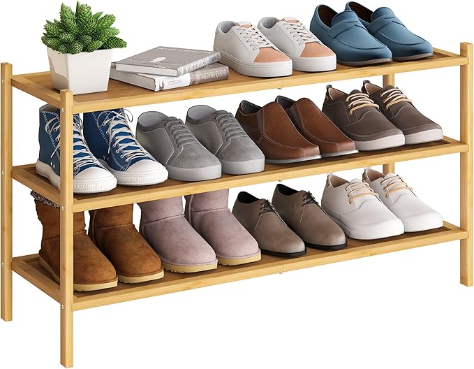 BMOSU 3-Tier Bamboo Extended Shoe Rack Premium Stackable Shoe Shelf Storage Organizer for Hallway Closet Living Room Entryway