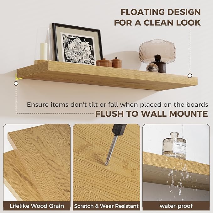Fun Memories 12 Deep Floating Shelves, 40W x 12D Floating Shelves for Wall Set of 2, Extra Deeper Hanging Wood Shelves for Wa