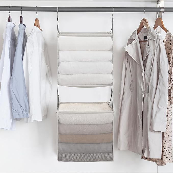 STORAGE MANIAC 2-Shelf Hanging Closet Organizer, Cloth Hanging Closet Shelf, Hanging Closets Baskets with Hooks for Dorm, Apt