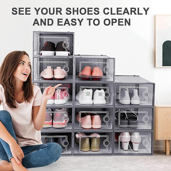Kuject Large Shoe Organizers Storage Boxes for Closet, 12 Pack Clear Plastic Stackable Storage Bins with Lids, Under Bed Shoe