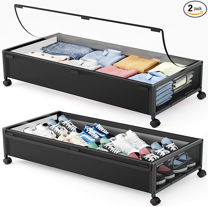 Under Bed Storage Containers with Wheels 2 Pack Underbed Shoe Storage Bedroom Storage Bins Organizer Large Capacity Under Bed