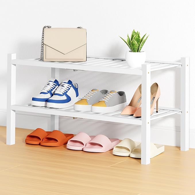Smiry Shoe Rack, 2 Tier Thick Bamboo Shoe Organizer, Stackable Free Standing Wooden Shoe Storage Shelf for Closet, Entryway, 