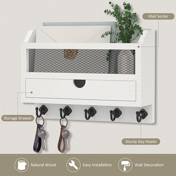 Nekon Key and Mail Holder for Wall, Key Organizer with 5 Hooks & Storage Drawer, 11" W x 7.9" H x 3.1" D Wooden Key Rack for 