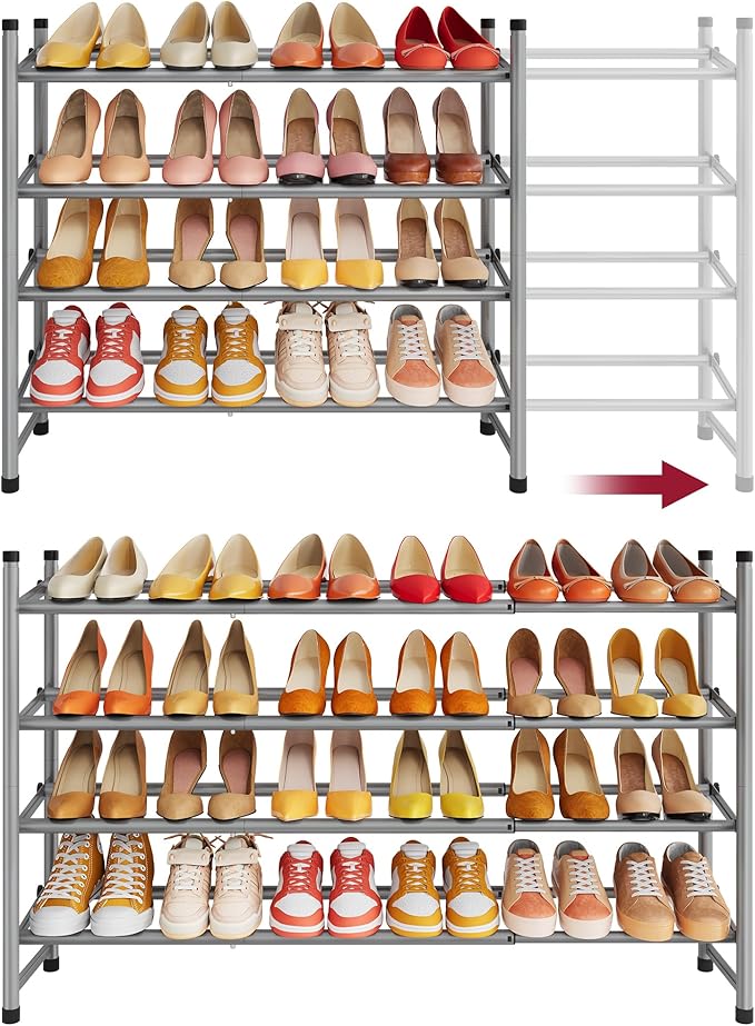 Tajsoon Expandable Shoe Rack for Closet 4 Tier, 29“-41“Adjustable & Stackable Shoe Shelf Storage, Metal Shoe Rack Organizer f