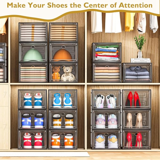 7 code Thicken & Sturdy Clear Shoe Storage Organizer with Magnetic Door, Stackable Boxes for Closet, Foldable Shoe Rack for S