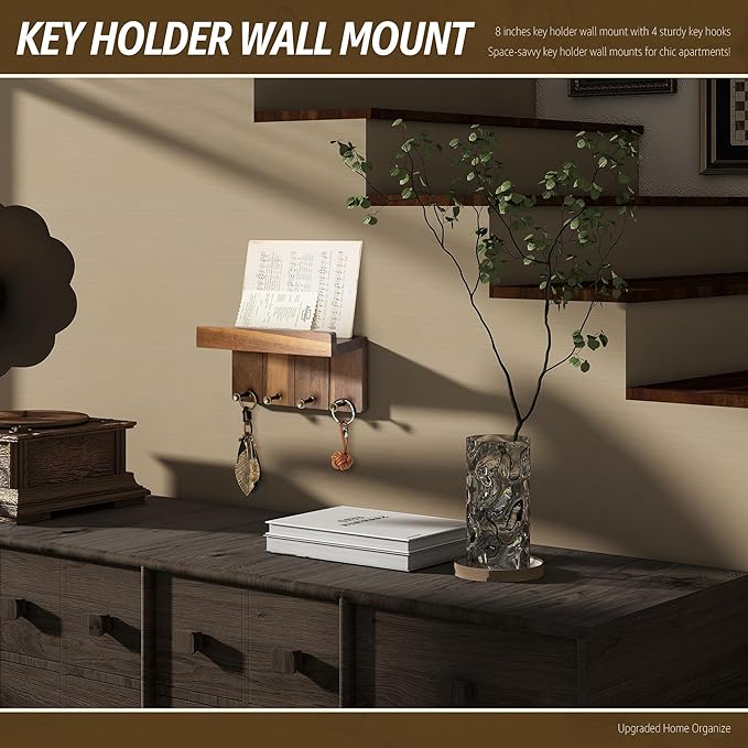 Rebee Vision Farmhouse Key Holder Wall Mount - Small Key Rack & Mail Organizer for Wall with 4 Key Hooks & Small Shelf - Home