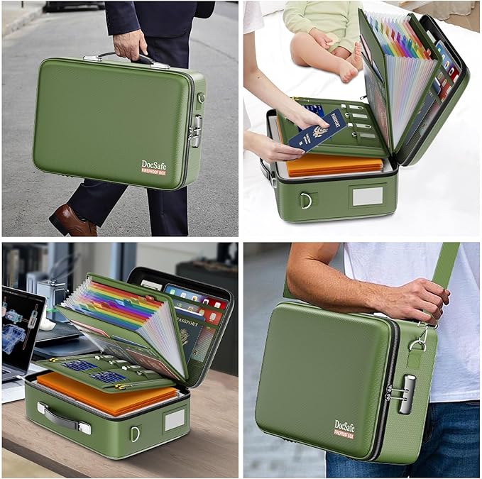 DocSafe Fireproof Document Box with Lock, Hard Case File Organizer with Accordion File Folder, Fireproof Water Resistant Safe