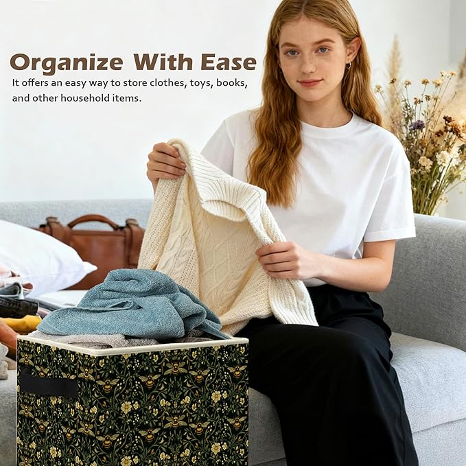 Moody Floral Bumblebee Storage Box Bins, Dark Cottagecore Honey Bee Botanical Collapsible Storage Basket Organizer for Bedroo