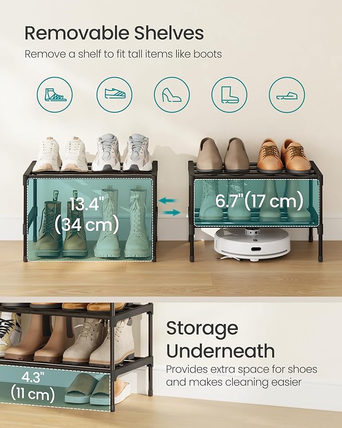 SONGMICS 2-Tier Shoe Rack for Closet, Compact Metal Shoe Organizer Shelf for Entryway, Bedroom, Small Spaces, Stackable, 11.8