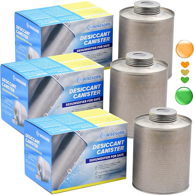 750 Grams 3 Pack Gun Safe Dehumidifier, Reusable Canister Desiccant Dehumidifier, Rechargeable 1.65 Lbs Indicating Silica Gel