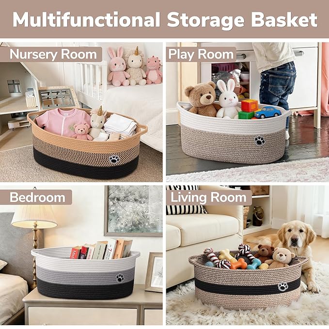 Large Dog Toy Basket, 19.7" X 11" X 7.9" Woven Rope Basket for Toy Storage, Dog Storage Bins with Handles, Gift Baskets Empty