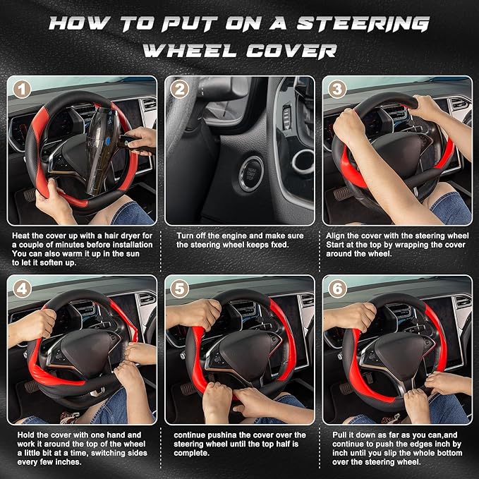 SEG Direct D Shaped Steering Wheel Cover, Flat Bottom Car Wheel Cover 14 1/2-15 in. (37-39 cm), Black and Red Microfiber Leat