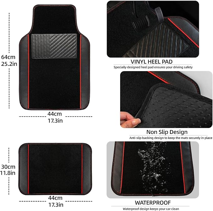 NBTEPEM Microfiber Steering Wheel Cover and Waterproof Car Floor Mats, Universal Fit Most Truck, SUV, Cars, 14.5-15inch Sporty Steering Wheel Covers with Anti-Slip Lining (Black with Red line)