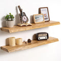Fun Memories Floating Shelves for Wall Decor Set of 2-32 Inch Solid Elm Wood Live Edge - Rustic Natural Wall Shelves with Inv