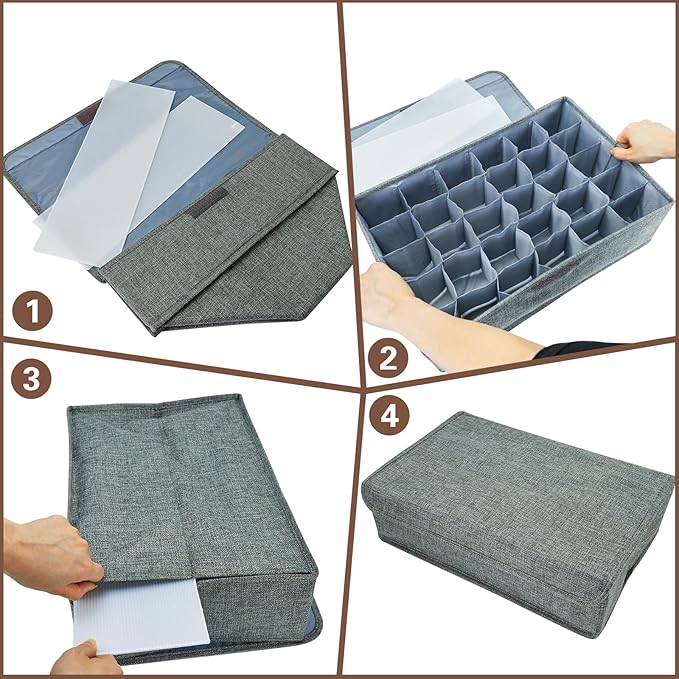 PINGMIC Gray Sock Organizer Divider 1 Pack with Lid - 30 Cell Foldable Closet Storage, Tie Organizer For Men Boxes for Socks,