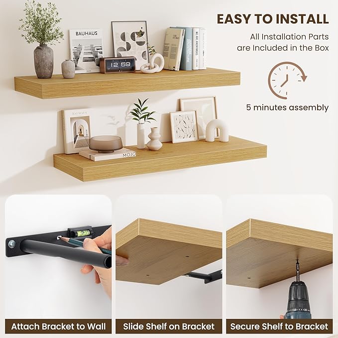 Fun Memories 12 Inch Deep Floating Shelves for Wall, 30 Inch Long Floating Shelf, 30 x 12 Shelf for Wall, Rustic Wood Bookshe