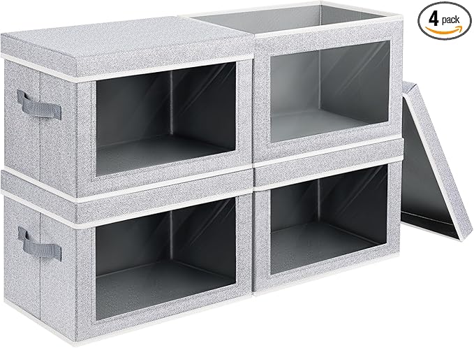 Homsorout Storage Boxes with Lids - 4 Pack Fabric Clear Window Storage Bins, Large Decorative Storage Bins with Handles, Line