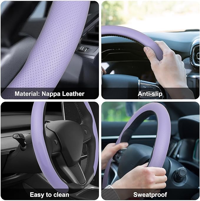 Frani Nappa Leather Steering Wheel Cover,Universal Fit 15 Inch-Premium Non-Slip Breathable Comfort Grip for Cars Trucks SUVs,Anti-Slip Durable Interior Upgrade Light Purple