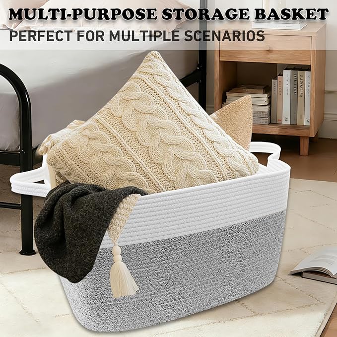65L Large Blanket Basket,21"x16"x12" Rectangle Storage Bin with Handles,Woven Rope Laundry Basket for Toys, Clothes,Pillows,M