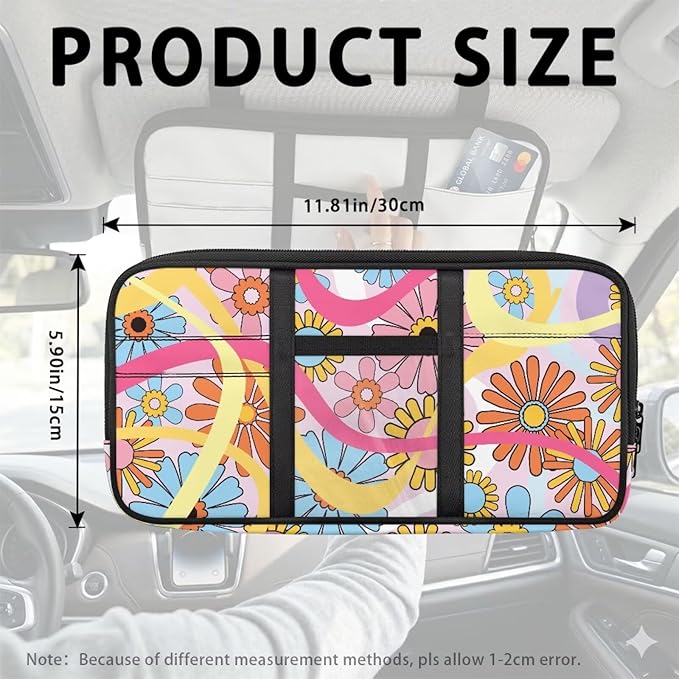 Tactical Sun Visor Organizer,Hippie Flower Style Scratch-Resistant Auto Interior Accessories Car Essentials Tool Pack Multi-Pocket for Universal Most Vehicles