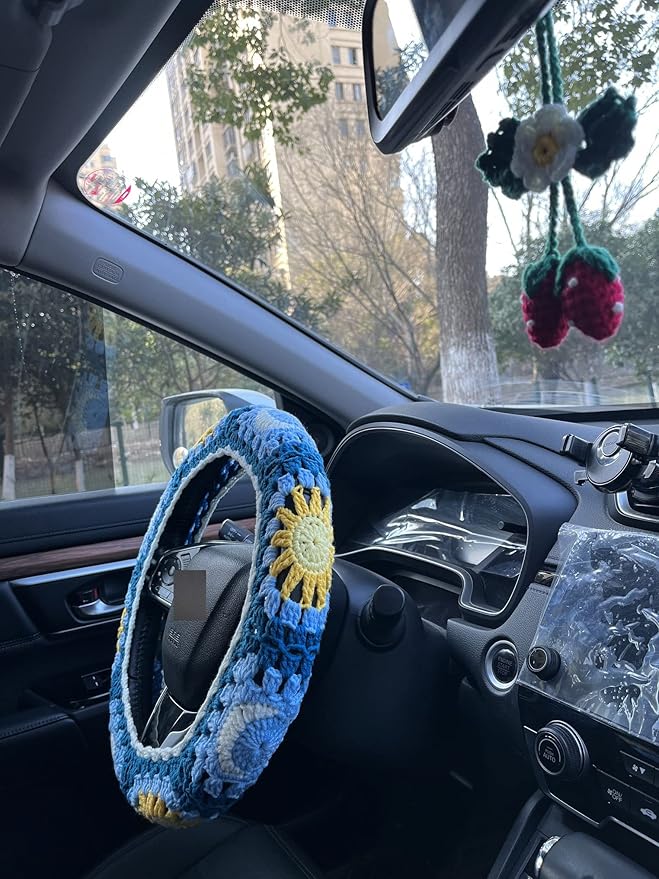 Handmade Crochet Sun and Moon Car Steering Wheel Covers Universal 14-15 inch for Women and Men (Wheel Covers+2belt Covers+2Car Coasters+Strawberry)