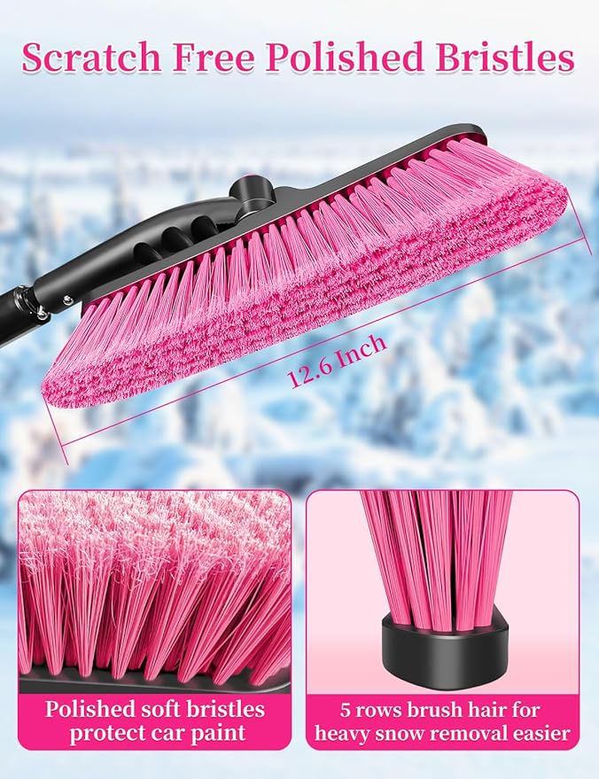 HEEYA 44 Inch Snow Brush for SUV, Ice Scraper for Car Windshield Window, Extendable Snow Scraper and Brush with Comfortable Foam Grip for Truck Vehicle Automobile - Pink