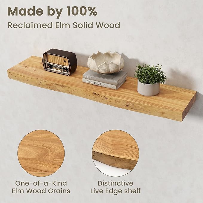 Fun Memories Floating Shelves for Wall Decor Set of 2-36 Inch Solid Elm Wood Live Edge - Rustic Natural Wall Shelves with Inv