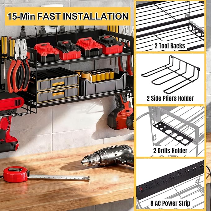 Power Tool Organizer Wall Mount, 2 Layers Heavy Duty 4 Cordless Drill Holder Tool Storage Rack with 8 Power Strip Battery Cha