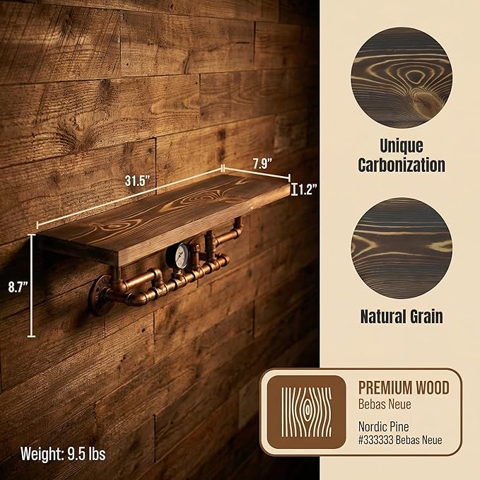 31.5 Inches Wide Carbonized Pine Wood Wall Shelf - Premium Nordic Pine & Cast Iron Wall-Mounted Rack Rutic Storage Shelf for 