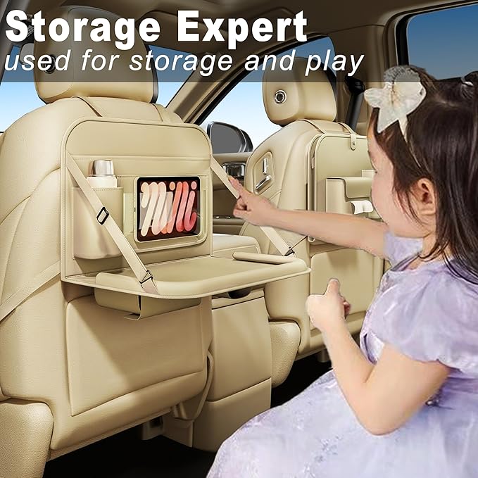GMQ Backseat Car Organizer with Detachable Steering Wheel Tray 1 Pack,Car Back Seat Laptop Desk, Multifunctional Food Tray,Back Seat Car Storage & Tablet Holder for Kids (Beige, 1PC)