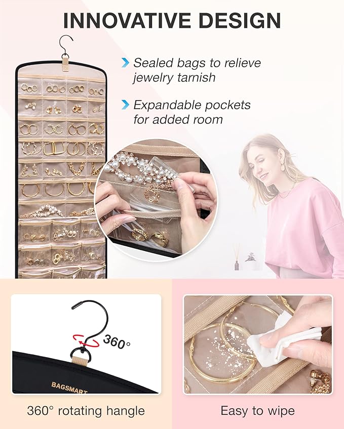 BAGSMART Hanging Jewelry Organizer, Necklace Holder Anti-tangle Earrings Rings Hanger with 20 Jewelry Bags Travel Storage Rol