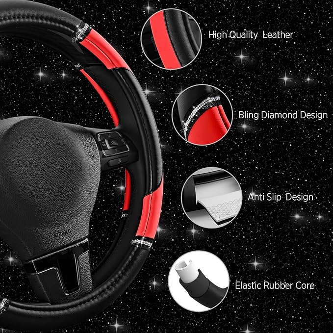Road Comforts Leather Steering Wheel Cover - Made with PVC Leather - Anti-Slip, Universal Fit 14 1/2 inches to 15 inches - Re