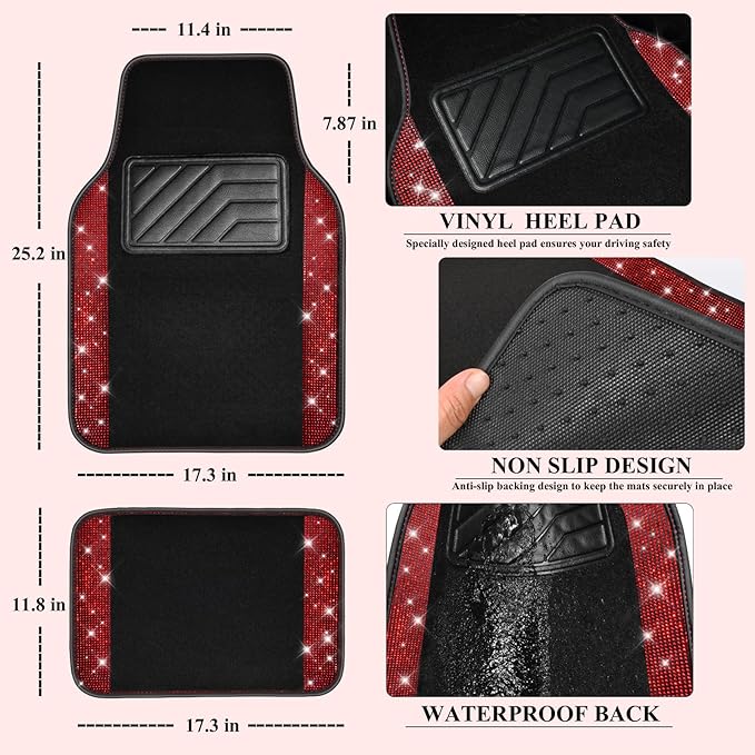 CAR PASS 11 PCS Bling Diamond Car Mats Set for Women Girls, Sparkly Rhinestone Steering Wheel Cover, Waterproof Floor Mats Un