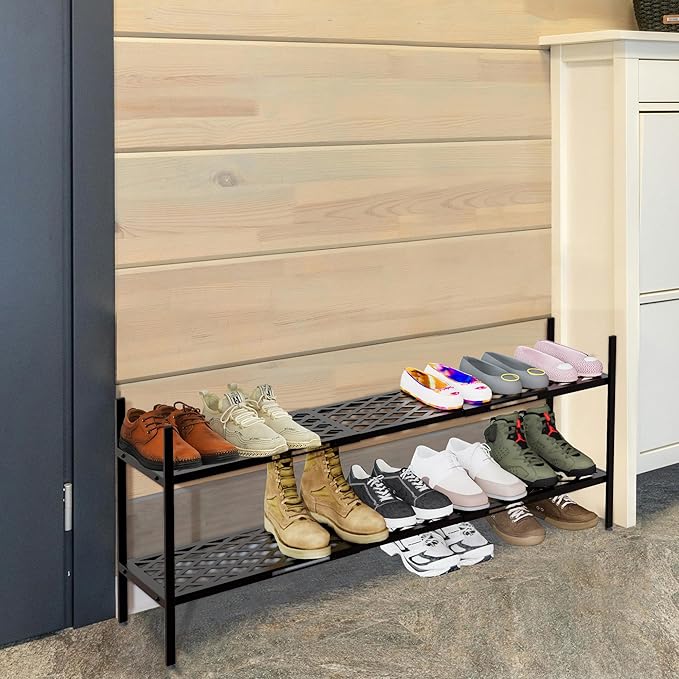 Shoe Rack, Expandable Shoes Organizer Metal Shelf Stand, 2 Tier Stackable Long Shoe Storage Holder For Closet, Floor, Entrywa