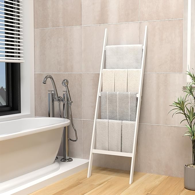 WTZ Bamboo Blanket Ladder, 5-Layer Towel Racks, Blanket Holder with Anti-Slip Construction Home Decor, Decorative Blanket, Qu