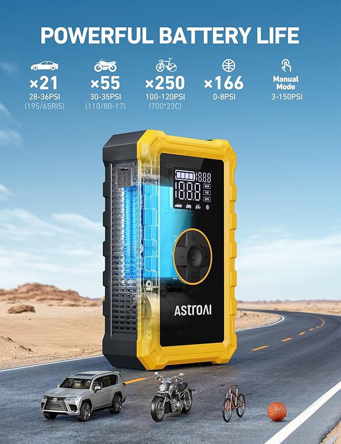 AstroAI S8 Air Jump Starter with Air Compressor,3000A Peak Car Battery Jump Starter Portable (9.0 Gas/6.5L Diesel) with
