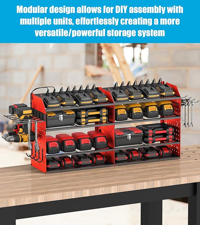 CCCEI Modular Desk Power Tools Organizer with Charging Station, 4 Layer Drills Battery Storage Wall Mount, Garage Shop Organi