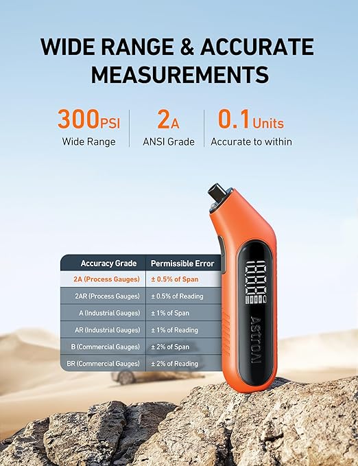 AstroAI Digital Tire Pressure Gauge 3-300PSI Calibrated to ANSI B40.7 Grade 2A (0.5%), Backlight and Flashlight, Presta Valve Adaptor Included, 4 Units, AAA Batteries, Orange, 2Pack