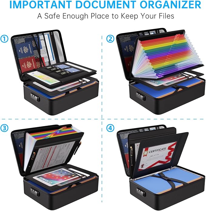 ENGPOW 5200℉ Soft Case Fireproof Document Box with Lock,Fireproof Box with 25 Colorful Pocket Accordion File Folder,Fireproof