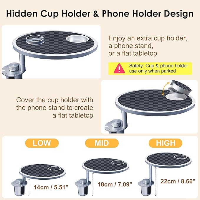 Car Food Tray & Car Table Tray with Car-Grade Aluminum Cup Holder & Phone Stand, Premium Wood with Leather Surface, 360° Rotating Car Desk for Laptop &Eating (Round, Black&Grey)